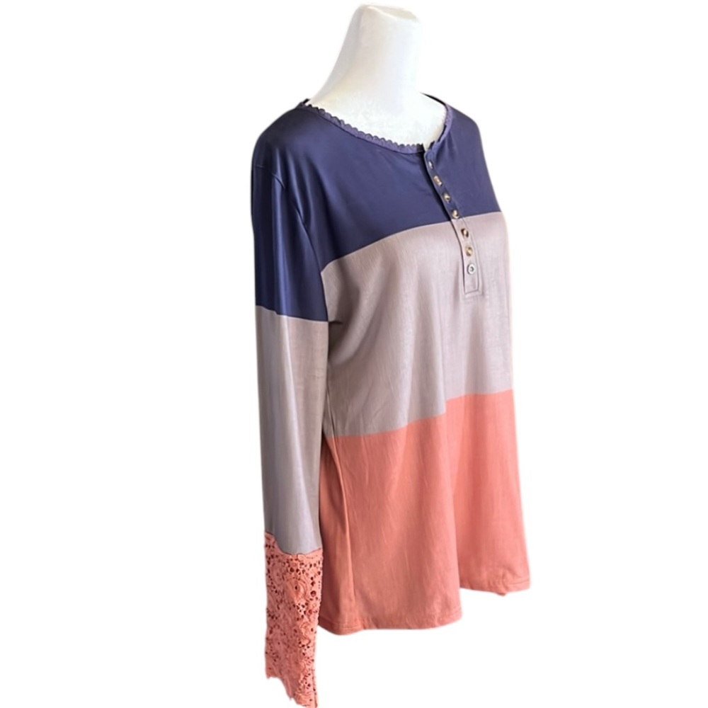 Unbranded Colorblock Crochet Lace Sleeve Henley Shirt Size XL - Picture 5 of 9